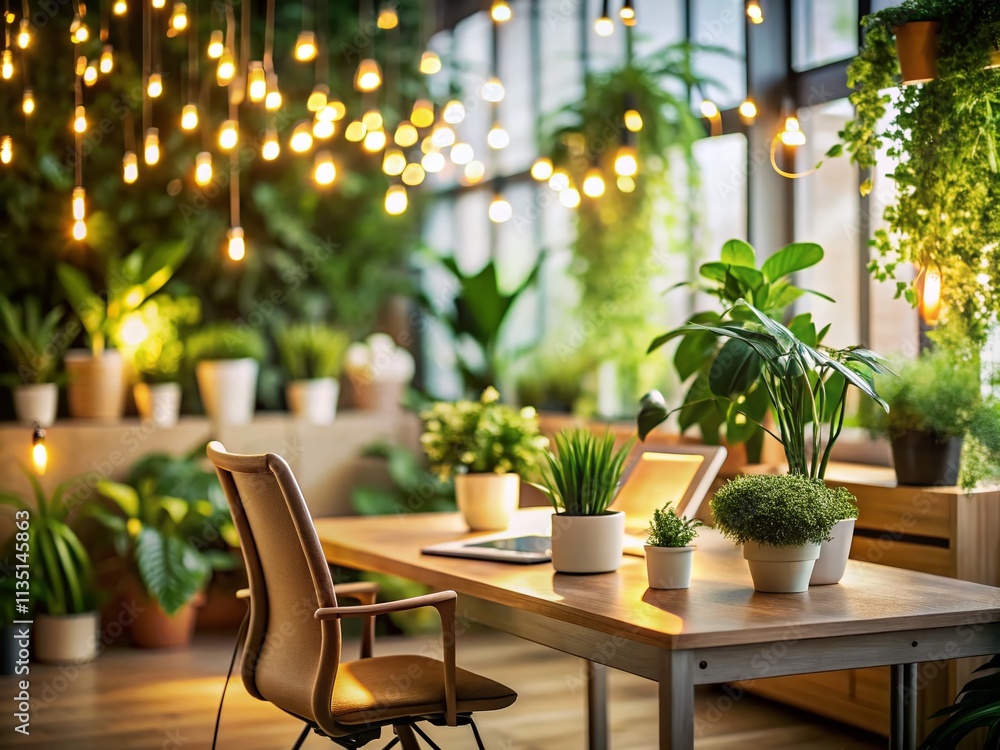 Poster serene workspace with lush greenery and warm bokeh lights creating a cozy atmosphere for productivit
