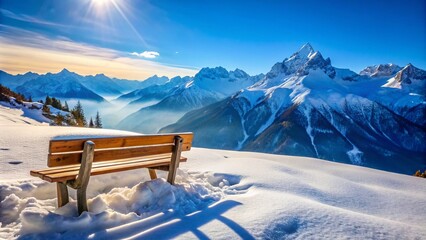 Serene Wooden Bench on a Snowy Hillside in the French Alps Surrounded by Majestic Mountains and Winter Landscape with Clear Blue Sky and Soft White Snow