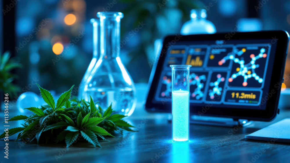 Aufkleber image depicts a laboratory setting with a focus on thc research, featuring a tablet displaying chemi
