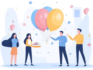 A celebration scene with people, balloons, and a gift tray.