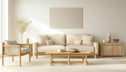 Minimalist Living Room Interior Design Beige Sofa Wooden Furniture Neutral Decor