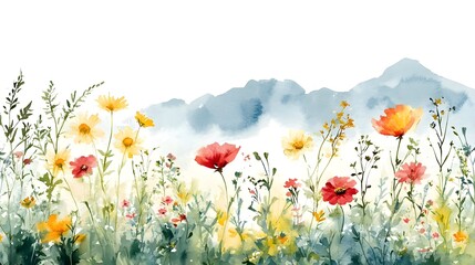 Fototapeta premium Delightful watercolor illustration of a vibrant wildflower meadow against gentle mountain silhouettes, capturing the beauty of nature in a serene, artistic style.