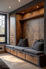 Built-in window seat with storage and dark wood cabinets.
