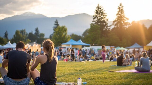 Outdoor gathering with people enjoying a sunny day. - Powered by Adobe