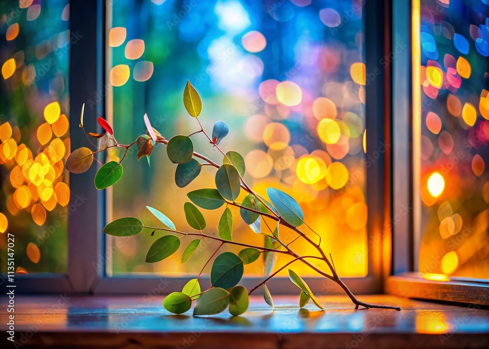 Poster shadow of eucalyptus branch at window creating a bokeh effect against a vibrant background, emphasiz