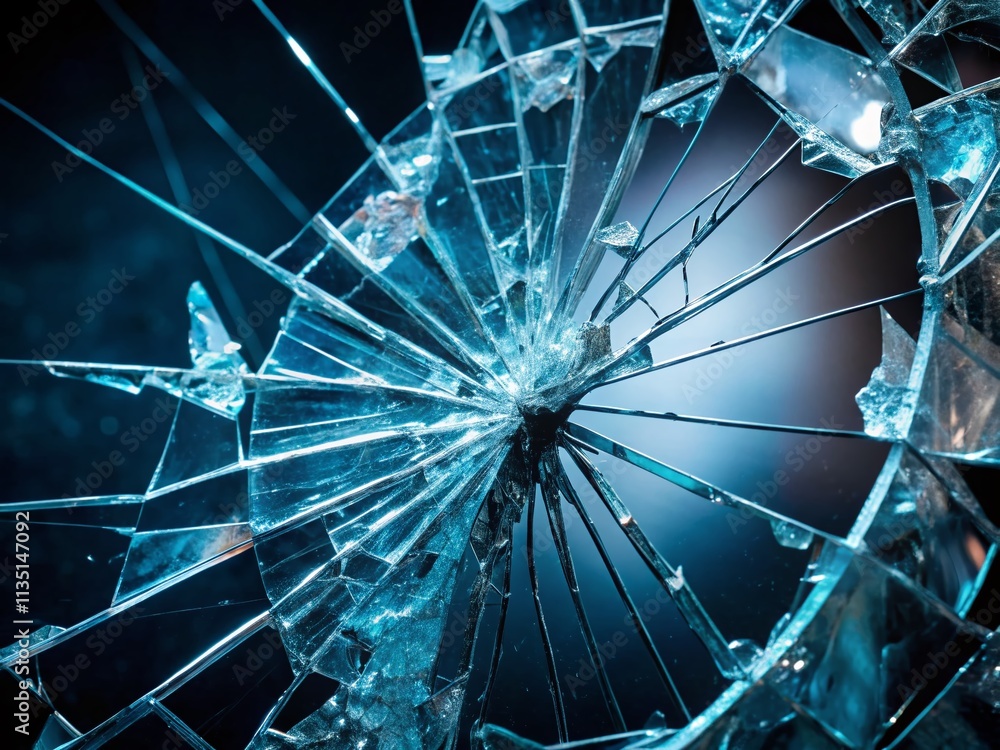 Poster shattered broken glass on a dark surface with bright reflections and copy space for text or design e