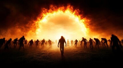 Fototapeta premium Zombie Apocalypse Event Horde of Silhouetted Zombies Against Fiery Sunset