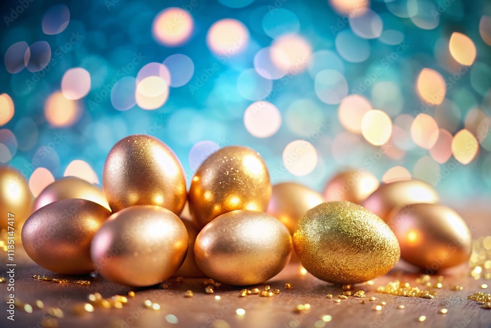 Poster shiny golden eggs on a soft pink and blue background with a beautiful bokeh effect for a festive and