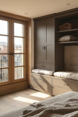 Sunlit bedroom with built-in storage and French doors offering city view.