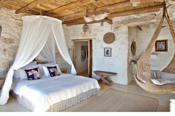 Cozy Bedroom in Rustic Style with Canopy Bed, Natural Elements, and Unique Decor, Perfect for Relaxation and Tranquility in Nature-Inspired Interiors