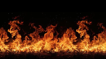 Intense Wall of Flames with Glowing Orange Fire Against a Black Background