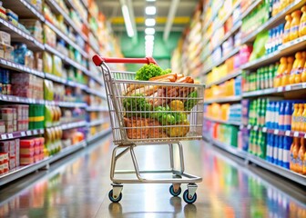 Shopping Cart Ready for a Shopping Day: A Well-Organized Scene Featuring a Full Shopping Cart in a Bright Store Aisle, Inviting Shoppers to Explore and Discover New Items