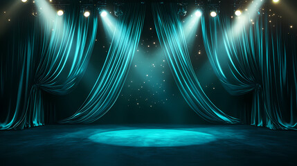 Empty stage background with luxurious velvet aqua curtains draped elegantly, stage lights casting a soft glow, creating a sophisticated and inviting atmosphere. Velvet. Illustration