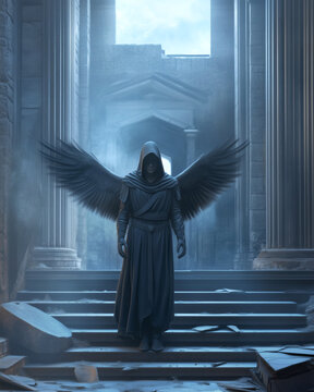 Mysterious figure with wings in ancient ruins at dusk