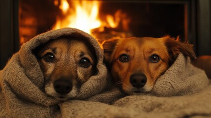 Two dogs wrapped in cozy blankets by a warm fireplace, exuding comfort and warmth.