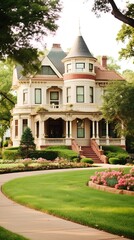 A beautiful Victorian-style mansion set amidst a lush green landscape. The house features intricate architectural details such as a turret, ornate trim, and a welcoming front porch. Flanked by well-ma