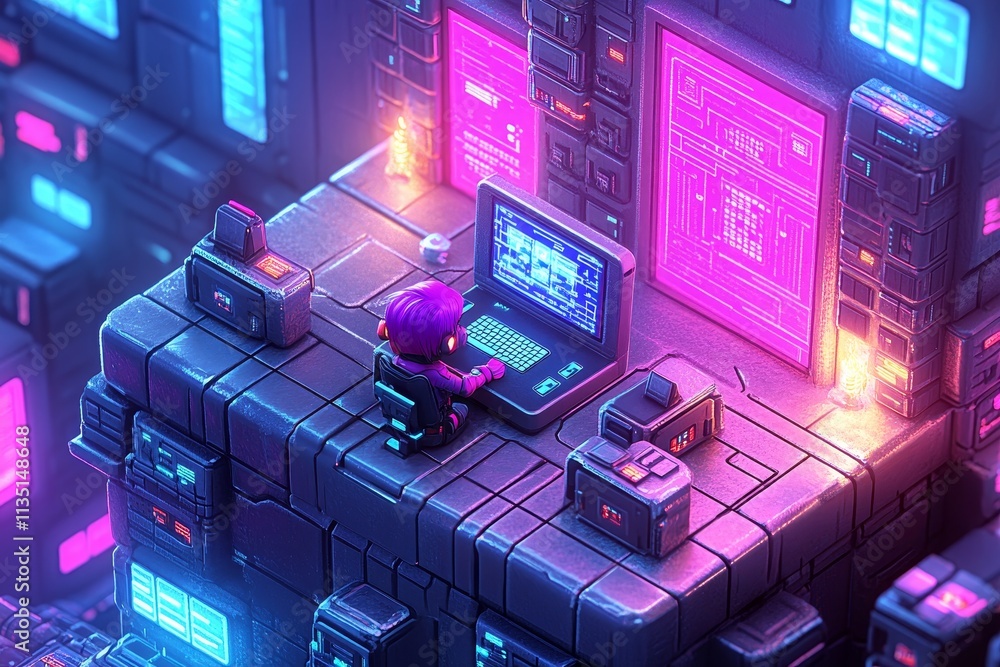 Poster futuristic digital landscape with animated character working on laptop surrounded by neon lights and