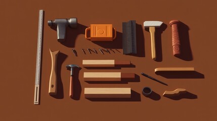 Assorted woodworking tools and materials arranged on a brown surface.