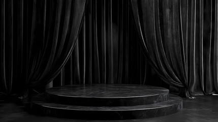 Glamorous 3d rendered podium with glossy black velvet curtains for a bold statement. Velvet. Illustration
