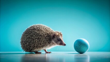 Obraz premium Silhouette of a Hedgehog Rolling into a Ball Against a Pastel Blue Background with Ample Free Space for Text and Creative Use in Designs and Marketing Materials