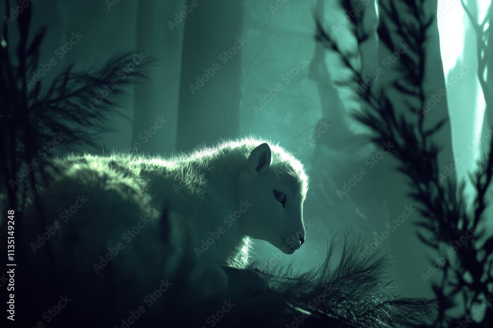 Poster ethereal scene of a serene white lamb resting in enchanted forest light with mysterious shadows and 