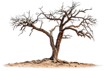 Fototapeta premium A gnarled tree with twisted branches and exposed roots, showcasing intricate textures and a striking natural form.