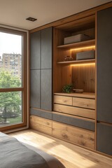 Modern minimalist bedroom built-in wardrobe with oak wood and grey fabric panels, featuring drawers, shelves, and integrated lighting.