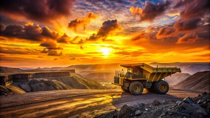 Silhouette of an Open Pit Mine with a Big Yellow Mining Truck Against a Dramatic Sunset Sky in a Coal Quarry Landscape