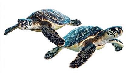 Fototapeta premium Two green sea turtles swimming gracefully in the ocean.