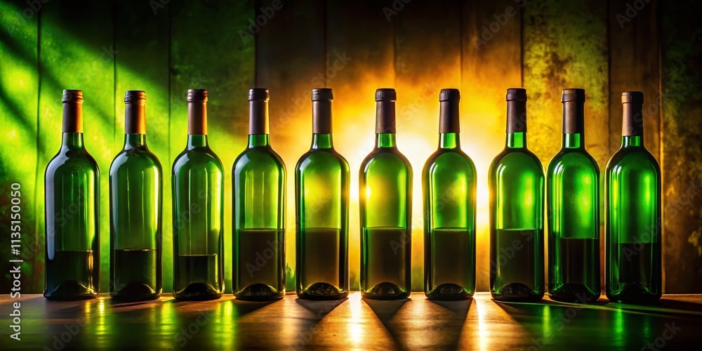 Aufkleber silhouette of a row of wine bottles on a counter with green labels highlighted against a soft backli
