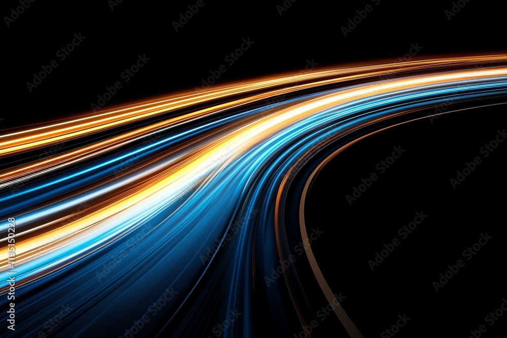 Poster abstract light trails on a dark background: dynamic long exposure of bright colorful lights creating