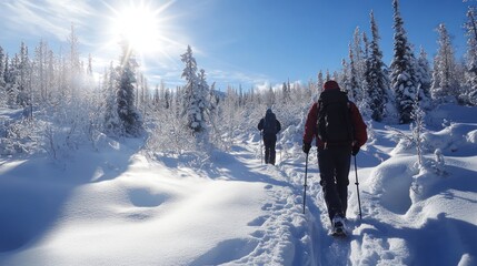 Two hikers trekking through a snowy landscape under a bright sun.