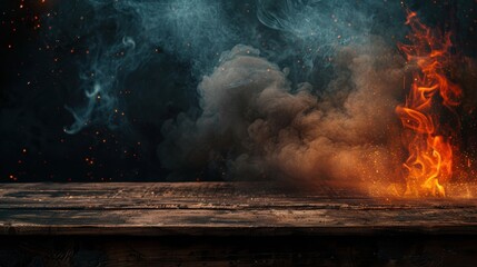 Rising Smoke and Fiery Flames on Weathered Wooden Surface