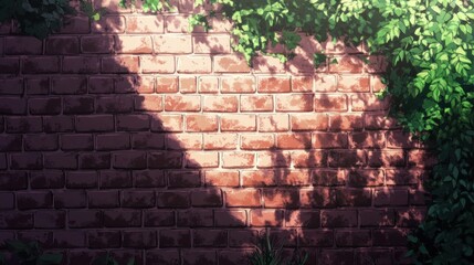 Brick wall with leafy green vines and dappled sunlight