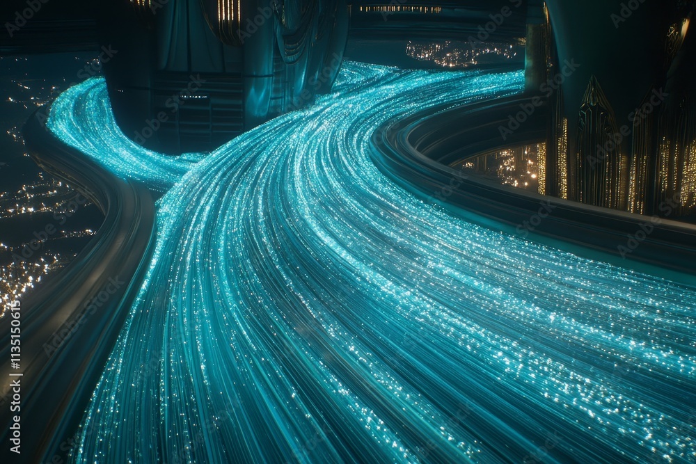 Poster futuristic roadway with flowing luminescent particles in a cybernetic cityscape, emphasizing technol