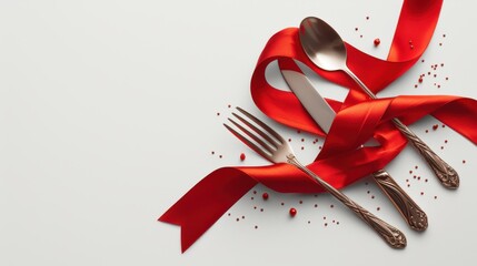 Red Ribbon Table Setting: A flat lay featuring elegant silverware wrapped in a vibrant red ribbon, a festive touch for a special occasion. The composition is simple yet striking.