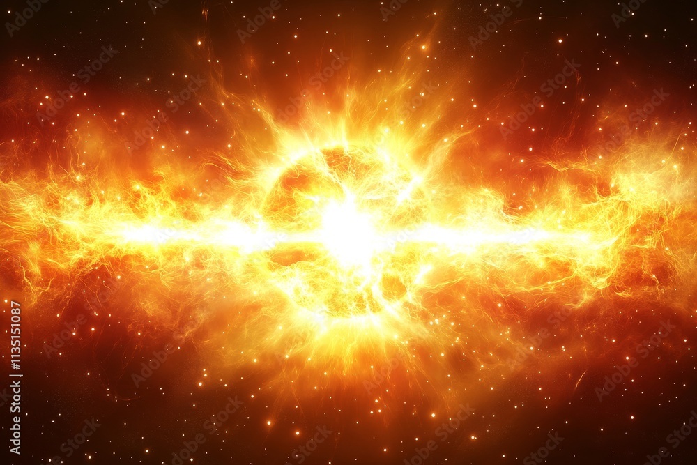 Poster cosmic explosion in a celestial background with fiery elements and radiant star light emitting glowi