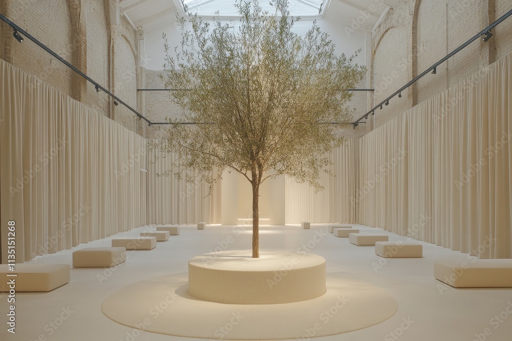 Aufkleber minimalist artistic space featuring a single olive tree surrounded by soft drapes and simple seating