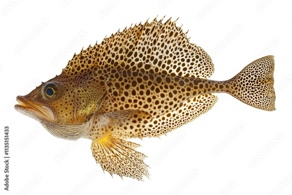 Poster a vibrant fish with a spotted pattern, featuring a distinctive fin structure and expressive eyes.
