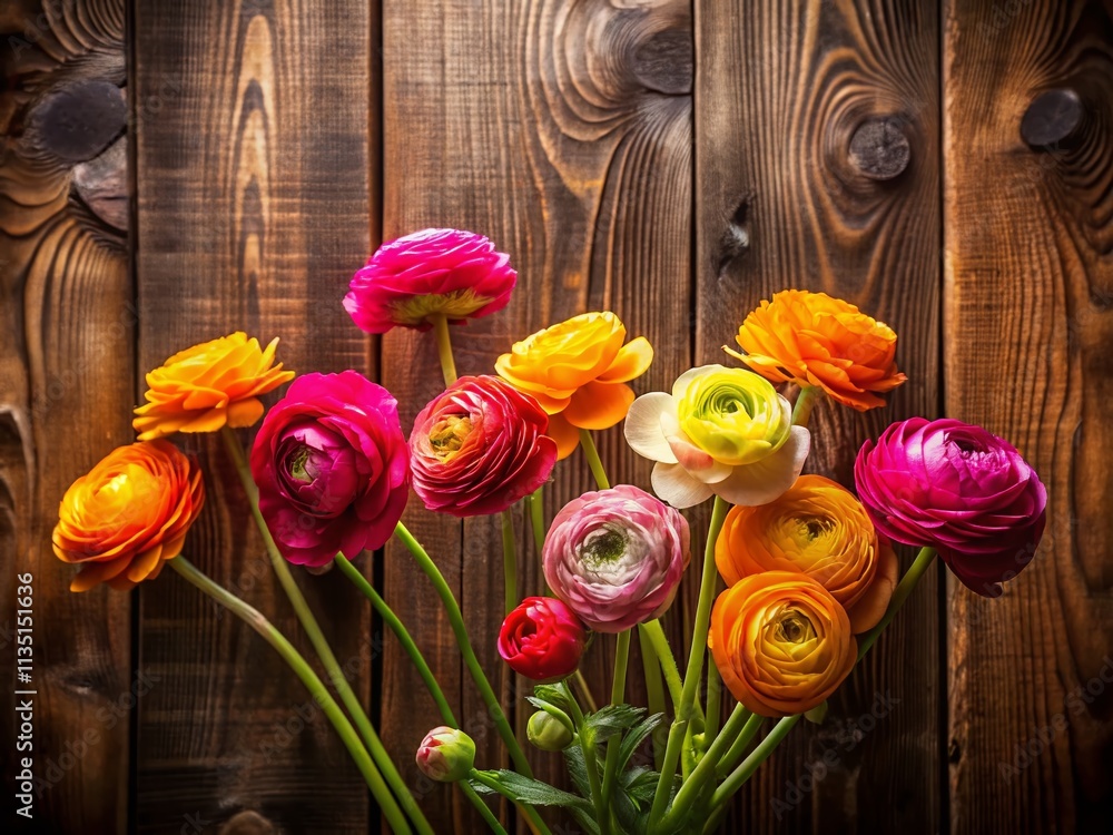 Poster silhouette of ranunculus flowers on a rustic wooden background in spring with ample copy space for t