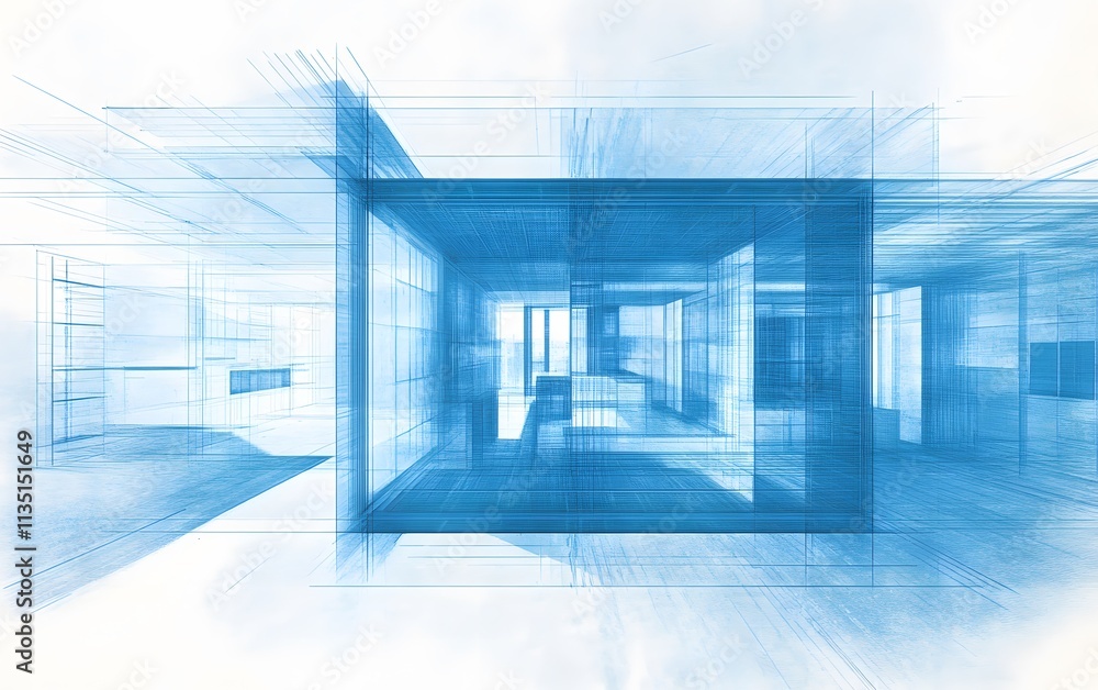Poster a modern architectural space with a futuristic design featuring abstract blue shapes and patterns, c