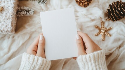 Woman in white sweater holding a blank greeting card in front of a blurred christmas tree decoration