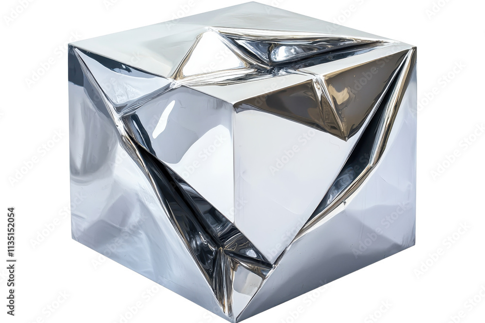 Poster a shiny, geometric cube with a faceted design and smooth surfaces reflecting light.
