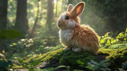 Fototapeta premium Meticulously groomed rabbit with fluffy fur in forest clearing