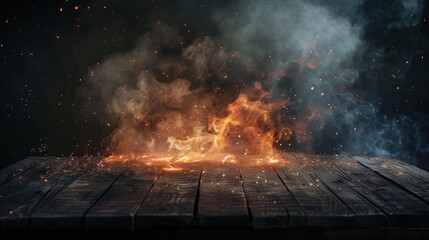 Fiery Flames and Rising Smoke on Rustic Wooden Surface