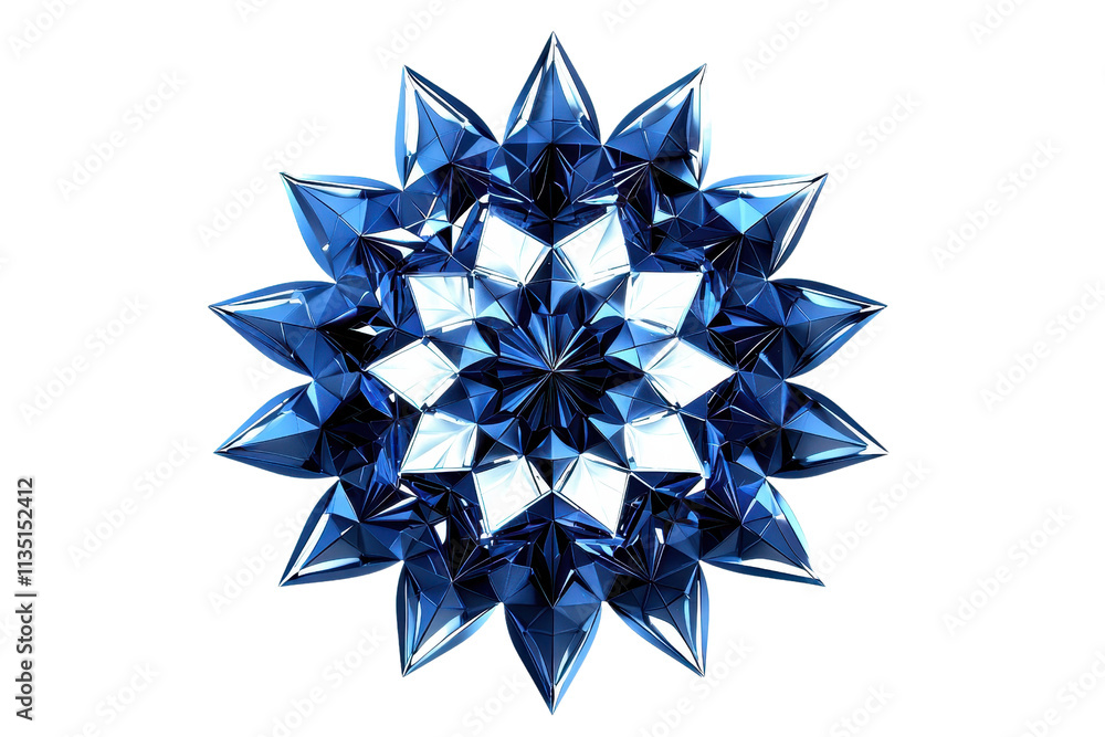 Poster a striking blue geometric structure resembling a star, composed of multiple pointed facets.