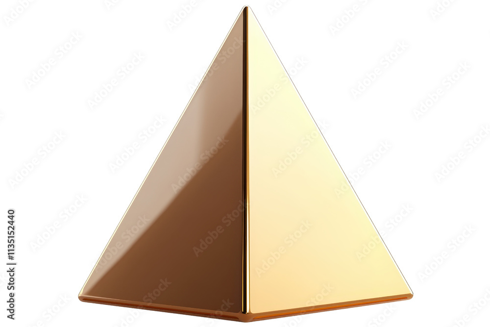 Poster a shiny golden pyramid with smooth surfaces and sharp edges, showcasing a geometric shape.