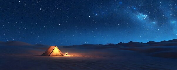 A serene night camping under a starry sky in the desert.
