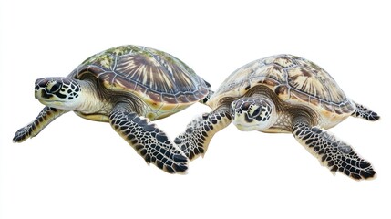 Naklejka premium Two sea turtles swimming gracefully in a clear background.
