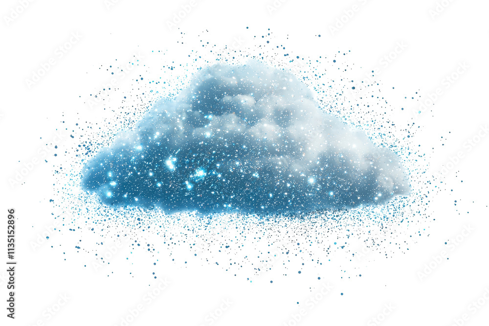 Poster a fluffy, white cloud with a soft, luminous appearance, surrounded by sparkling particles, creating 